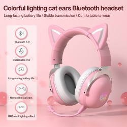 B20 Wireless Gaming Headset, Pink Cat Ears Panoramic Surround Sound Music Noise Cancelling Design Headphone